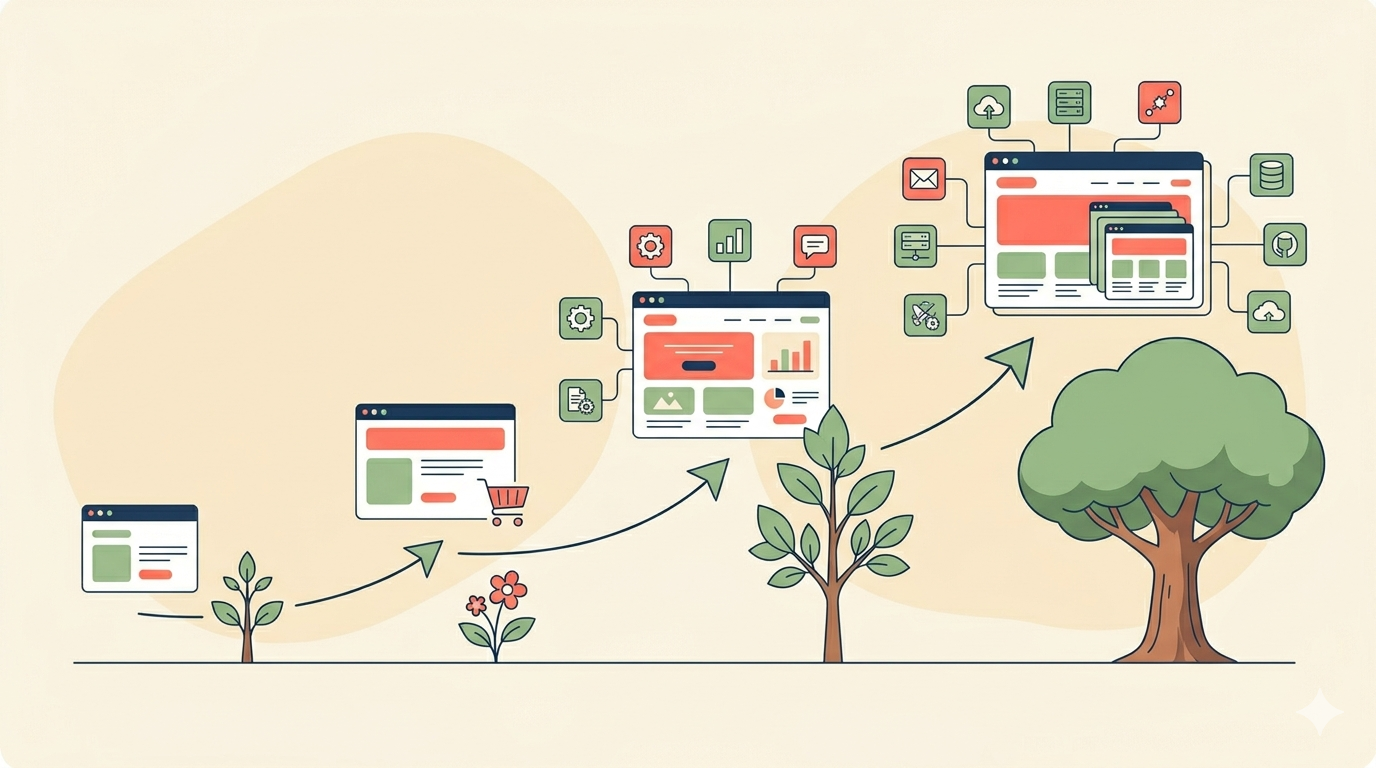 Four stages of website growth from startup to advanced, showing increasing complexity