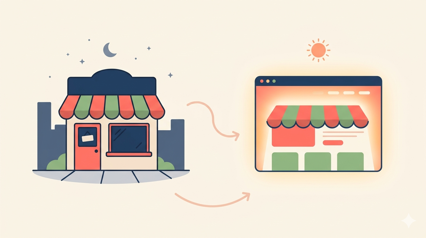 Illustration comparing a physical storefront to a website - both serve as the face of your business